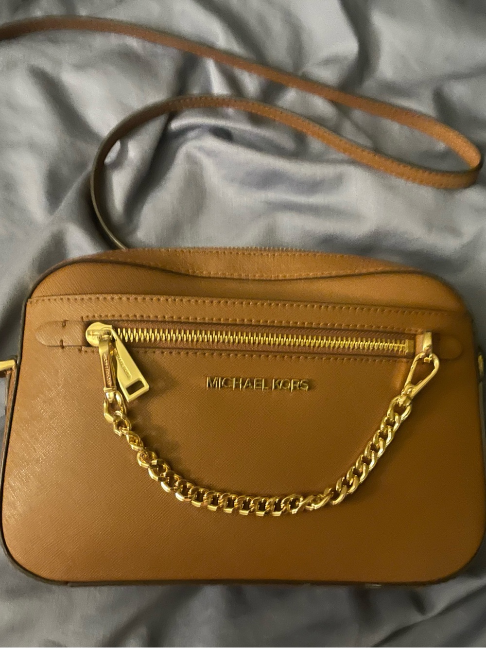 Michael Kors Tan Leather Crossbody with Gold Chain Accent Jet Set